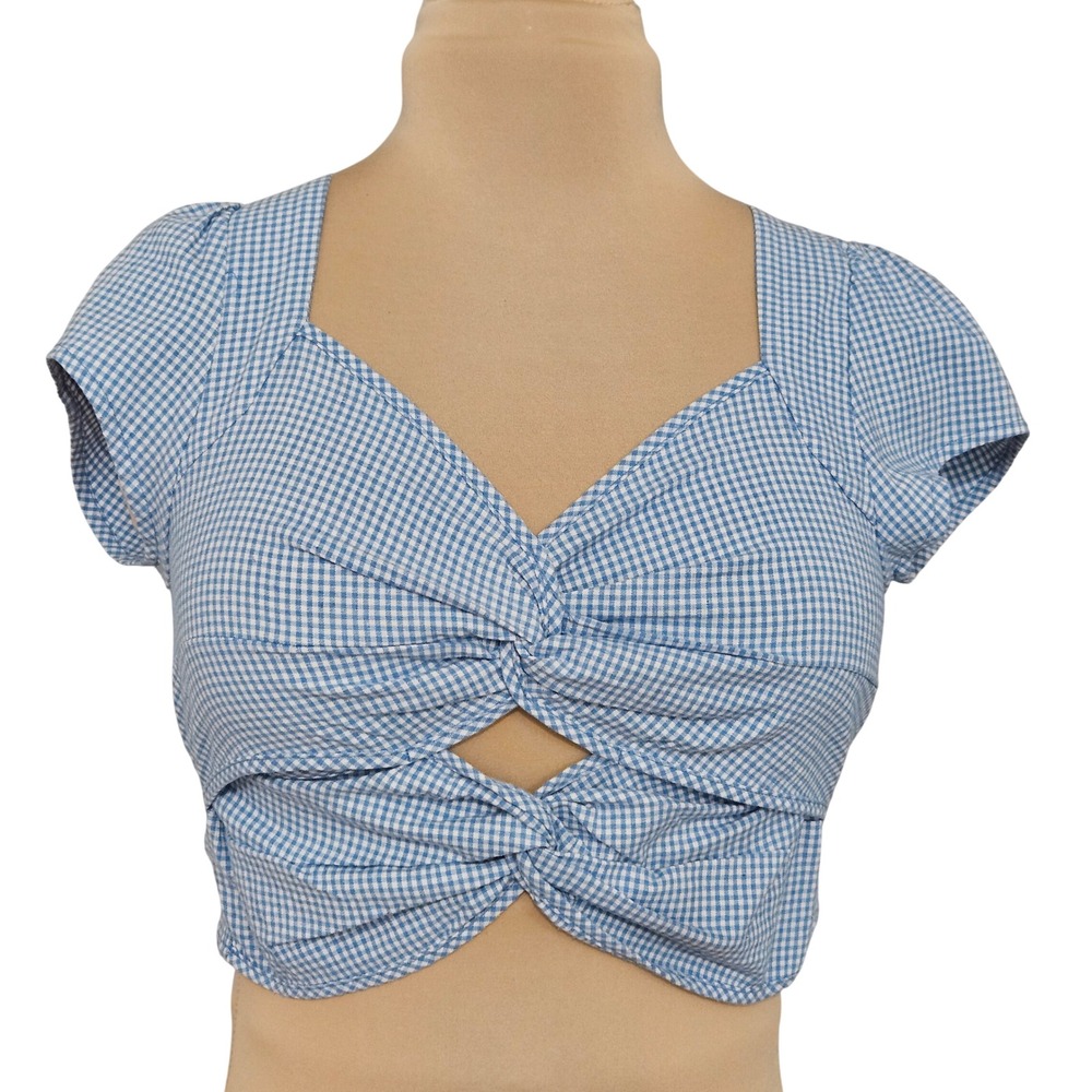Urban Romantics Blue Gingham Twist Front Cutout Smocked Crop Top Womens Medium